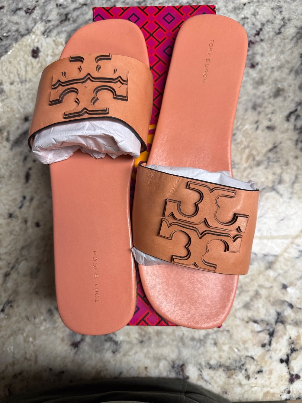 Tory Burch Peach and Tan Leather Logo Slide Sandals